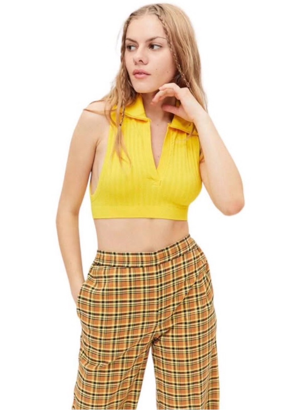 Urban Outfitters Bright Yellow Ribbed Collared Crop Top